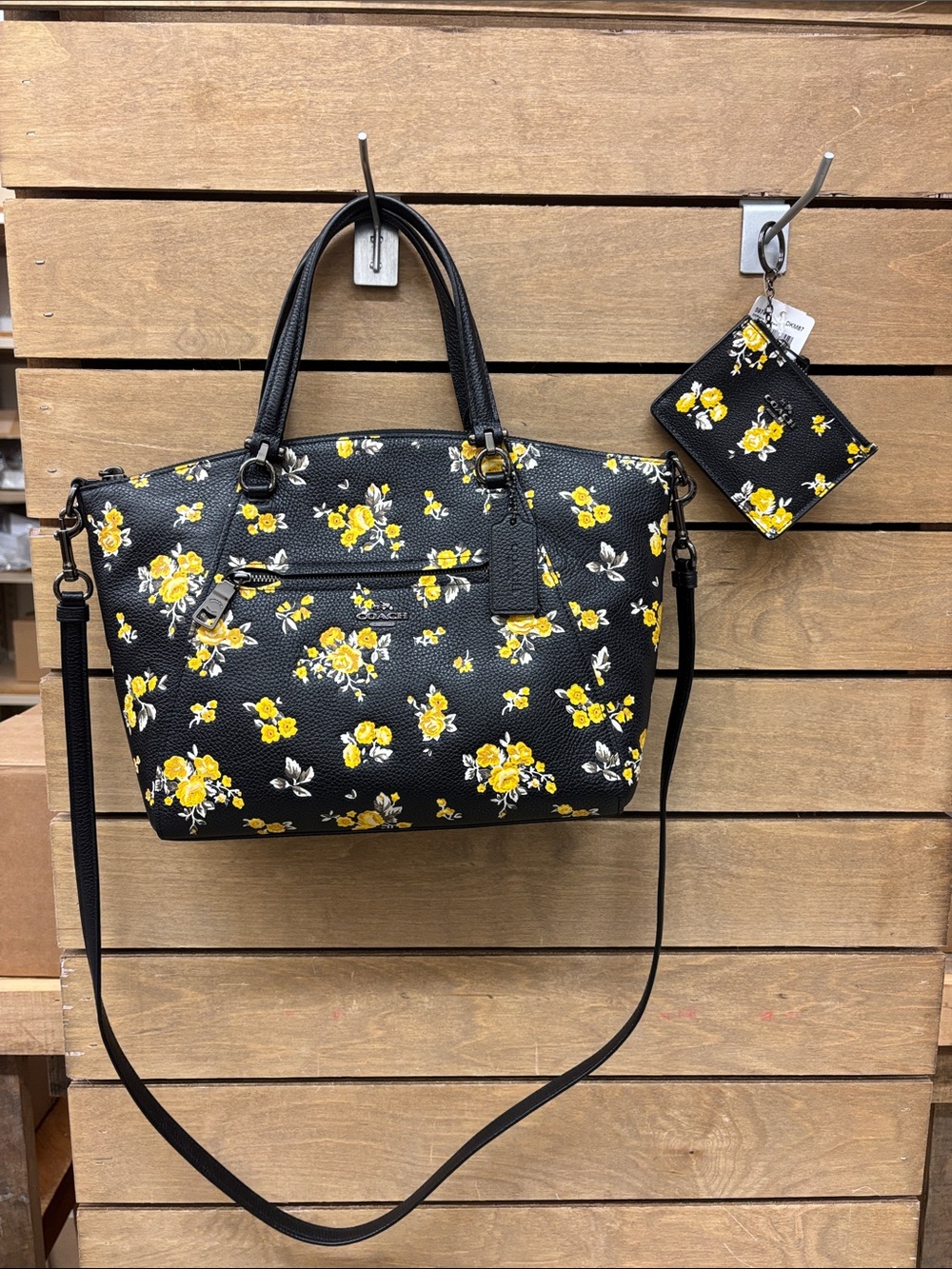 Coach Black Leather Tote with Yellow Floral Print